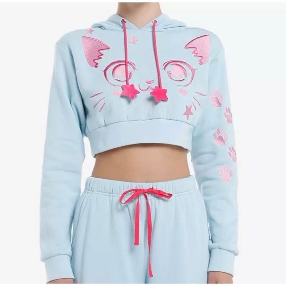 Hot Topic Sweet Society Kawaii Cat Crop Hoodie Light Blue Size Small Nwot